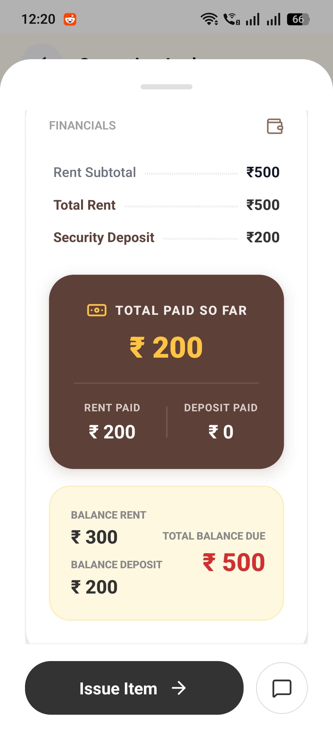 Order details screen showing rent, deposit, and balance-due breakdown