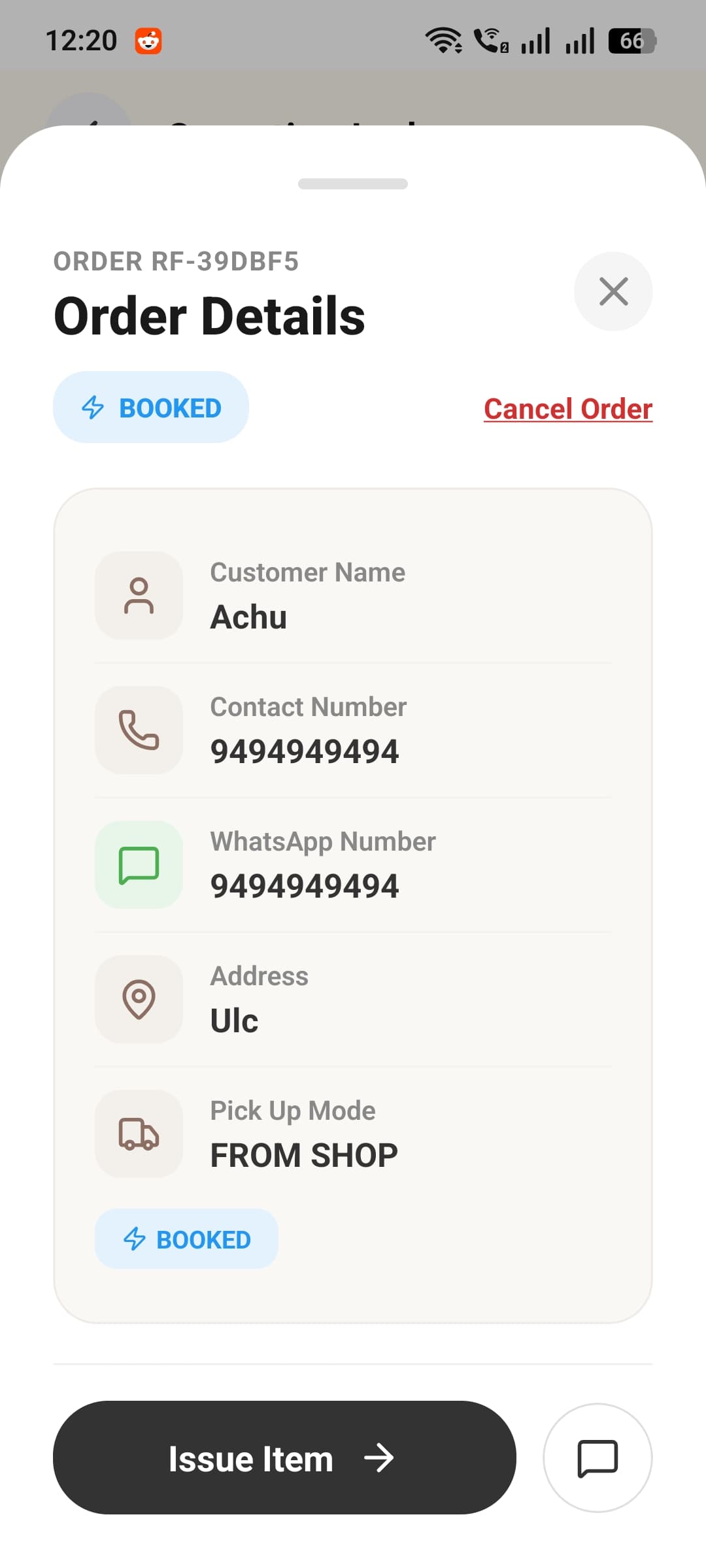 Order details screen with customer contact information and booking status