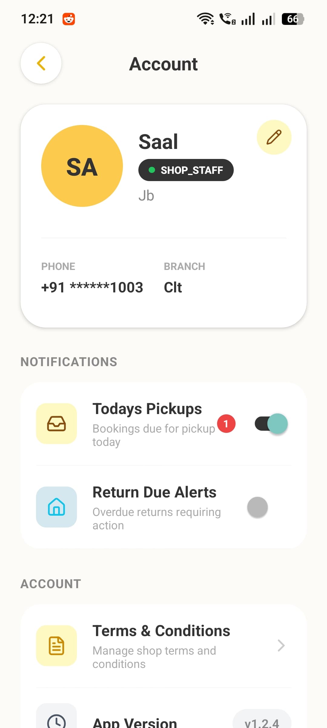Account screen with staff profile, role badge, and notification preferences