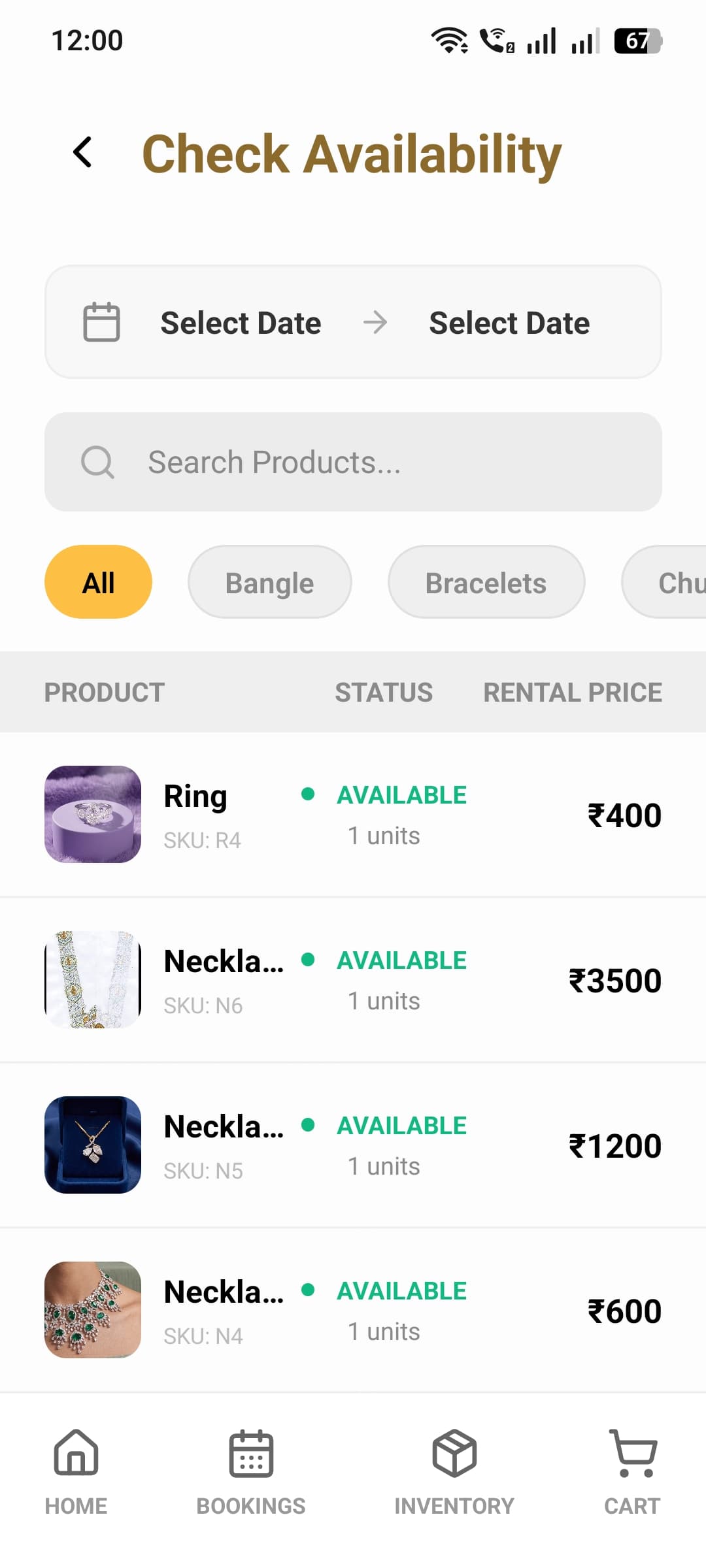 Check availability screen with date range picker and product availability list