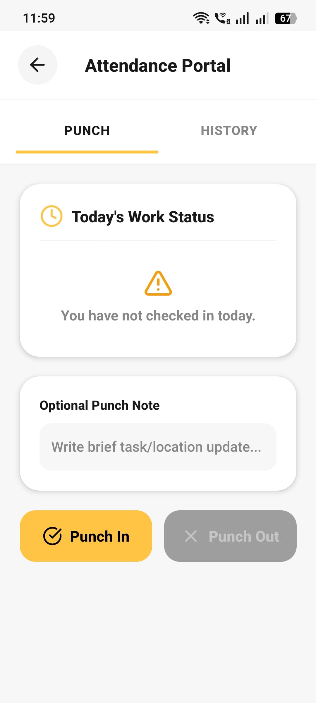 Attendance portal with punch in and punch out buttons