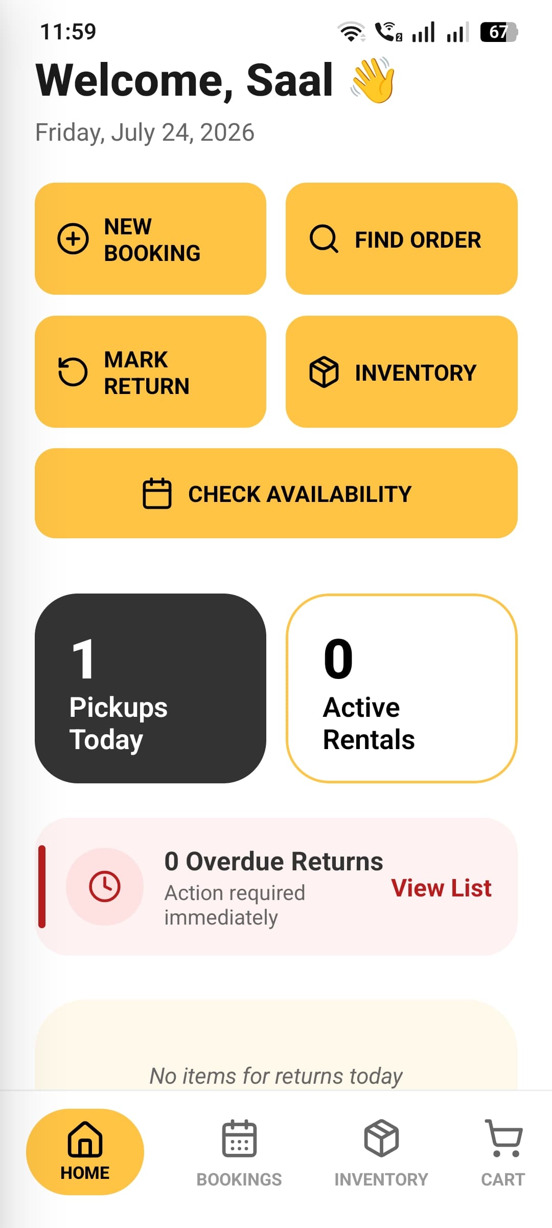 LentKart staff home screen with quick actions for booking, returns, and inventory