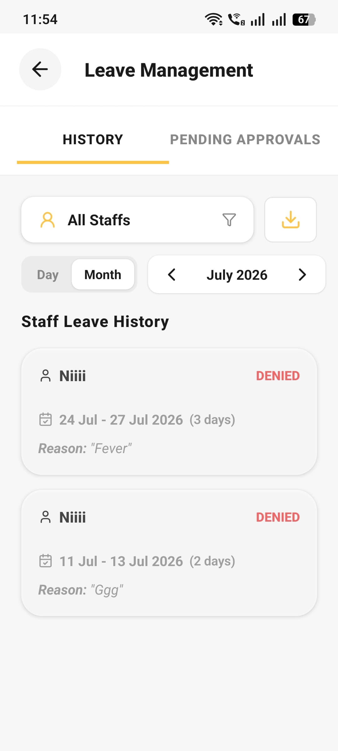 Leave management screen with staff leave history and approval status