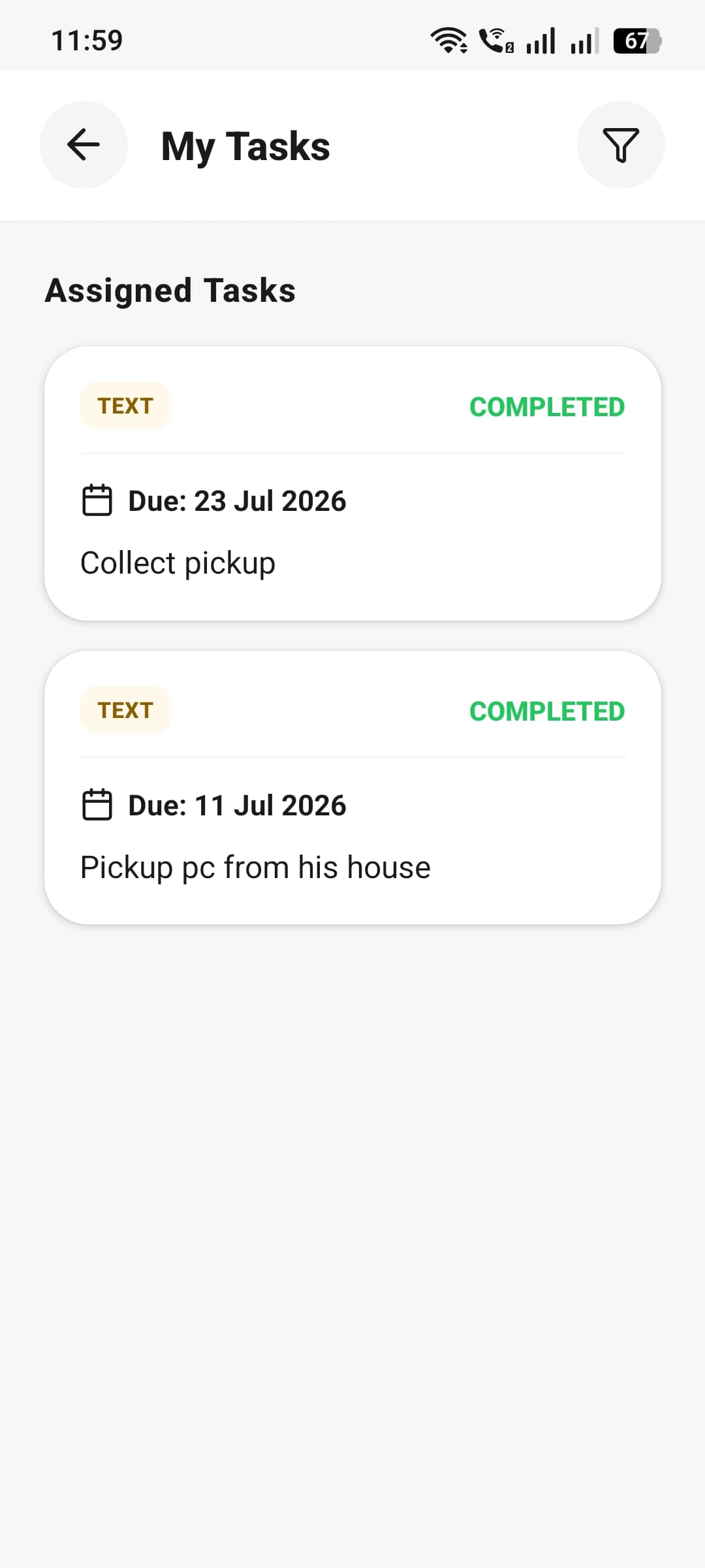 Staff view of assigned tasks with due dates and completion status