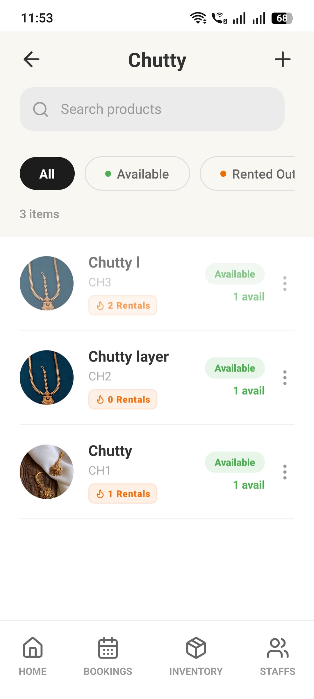 Category product list with availability status and rental price