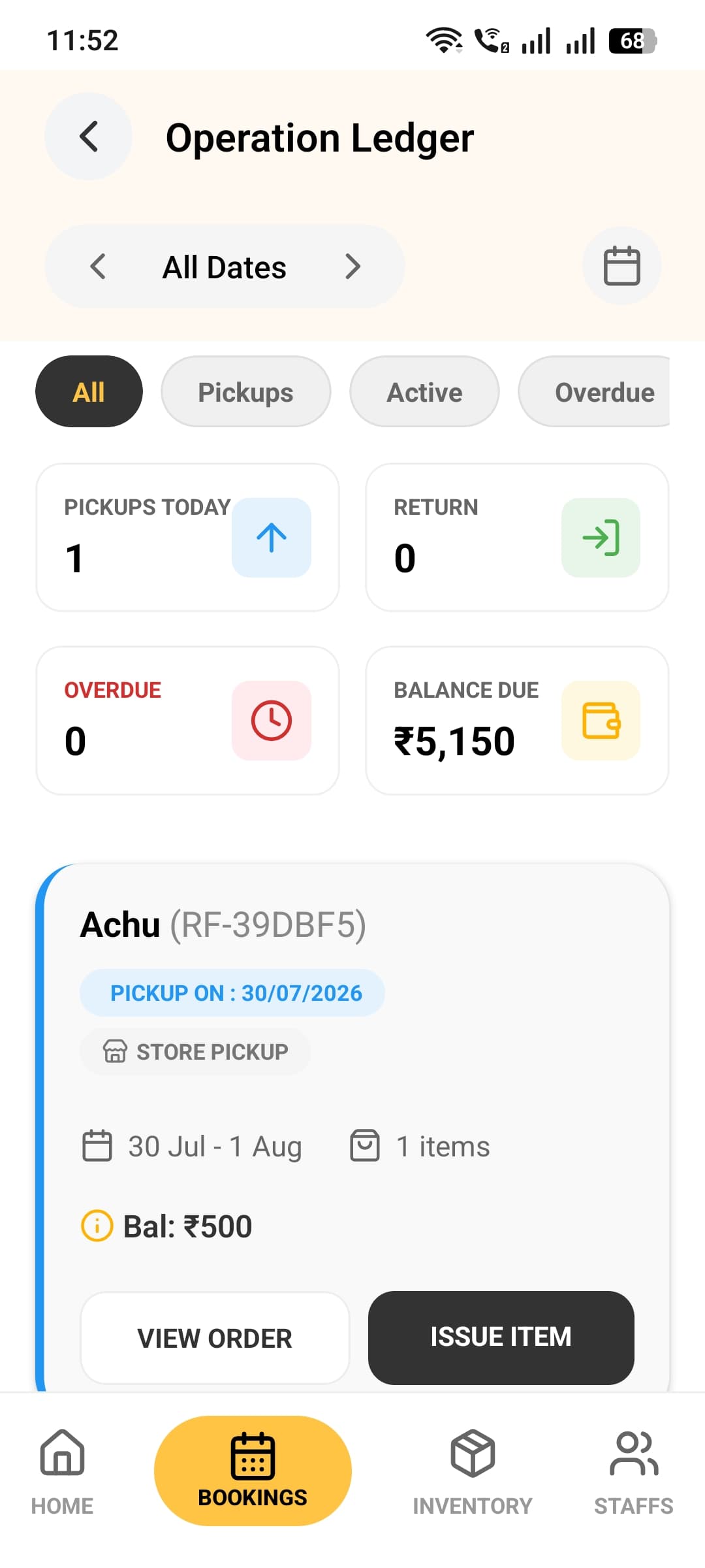 Operations Ledger screen with pickup, active, and overdue order filters