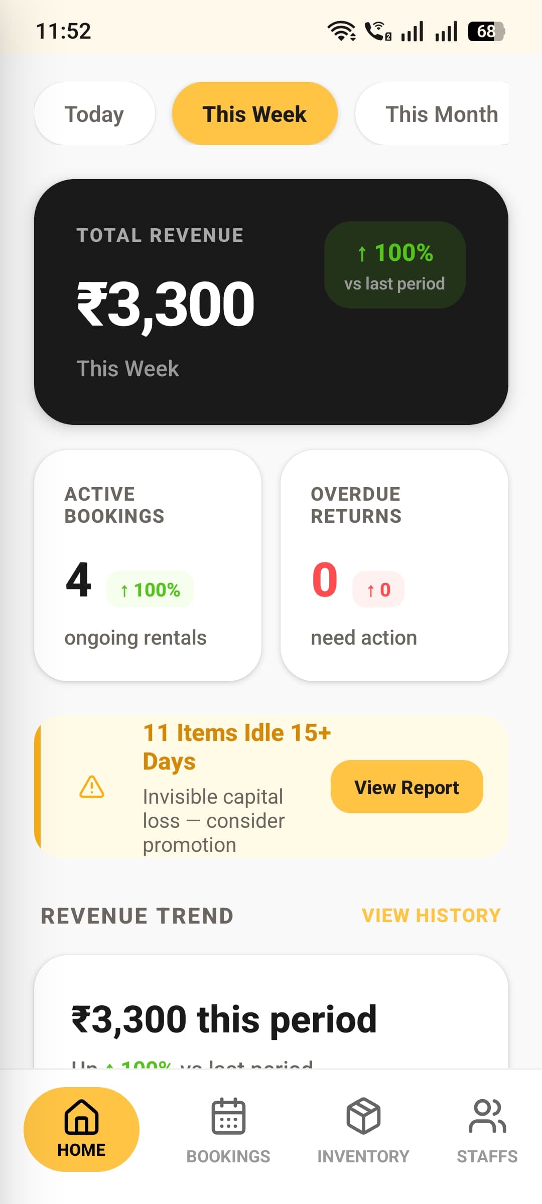 Revenue dashboard with total revenue and active bookings for the selected period