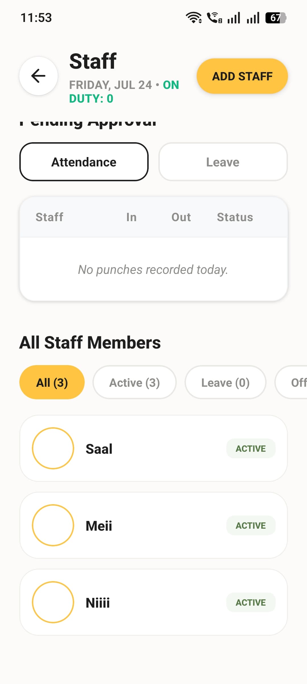 List of all staff members with active status badges