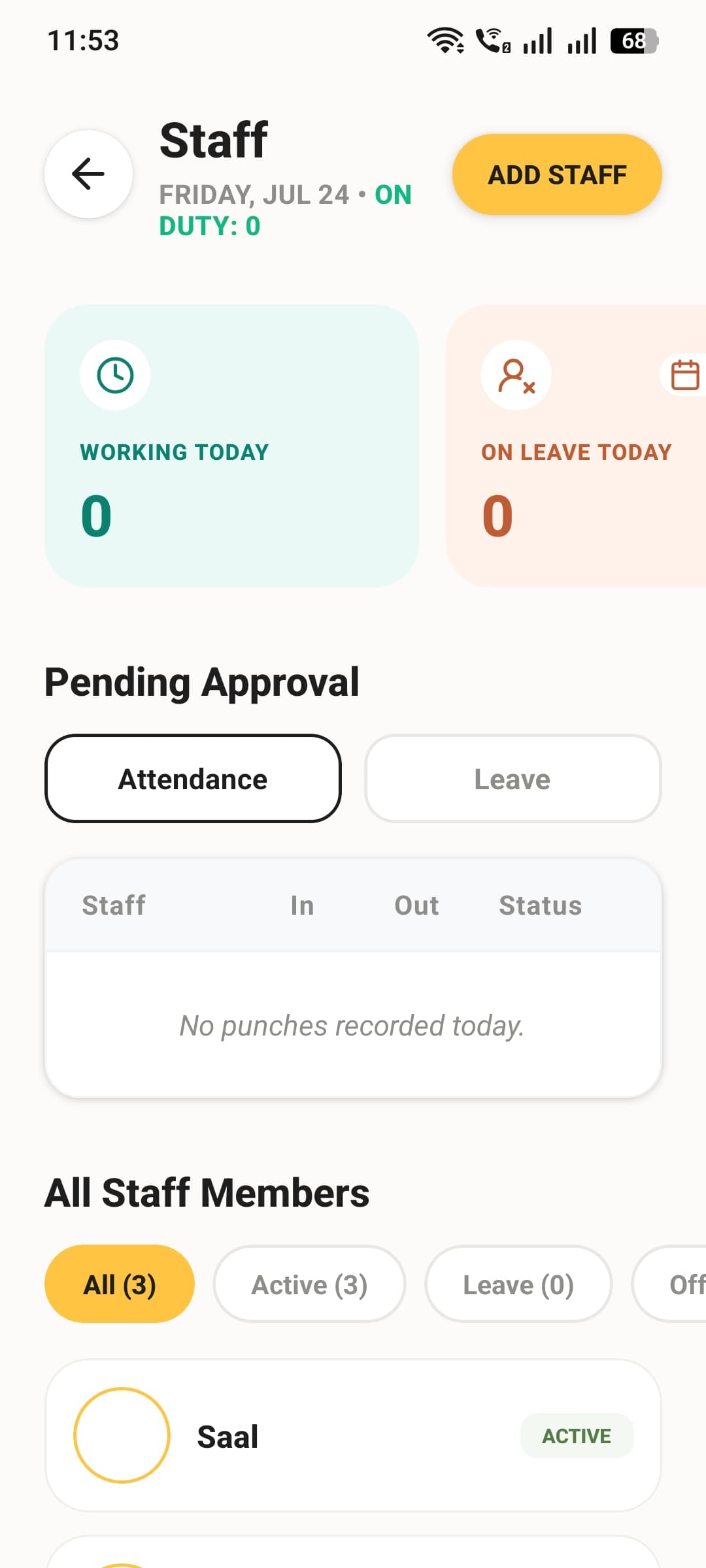 Staff management screen with working-today and on-leave-today counts